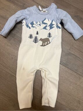 Janie and Jack Light Blue & Cream Knit Mountain Bear One-Piece